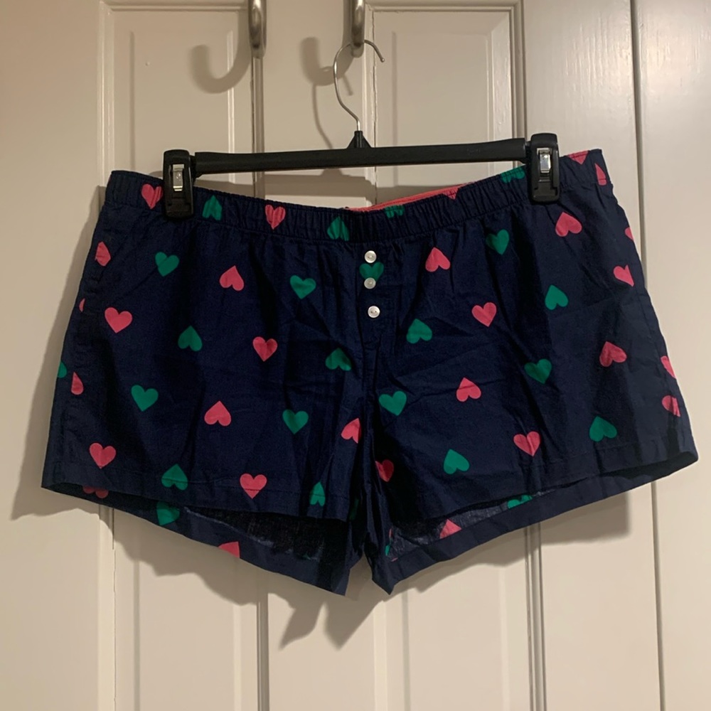 Navy Boxer Style Lounge Shorts with Pink and Green Hearts